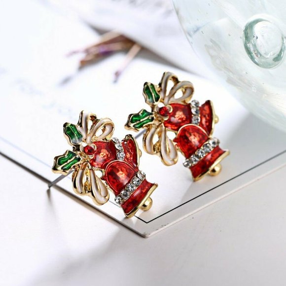 New Gold Red Christmas Bells Diamond Crystal Stud Earrings Holiday Festive Gift - Picture 5 of 5